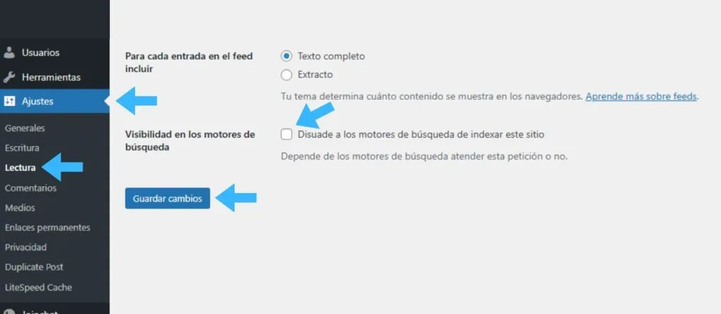 Ajustes de lectura de WordPress con la casilla Disuadir a los motores de búsqueda señalada
