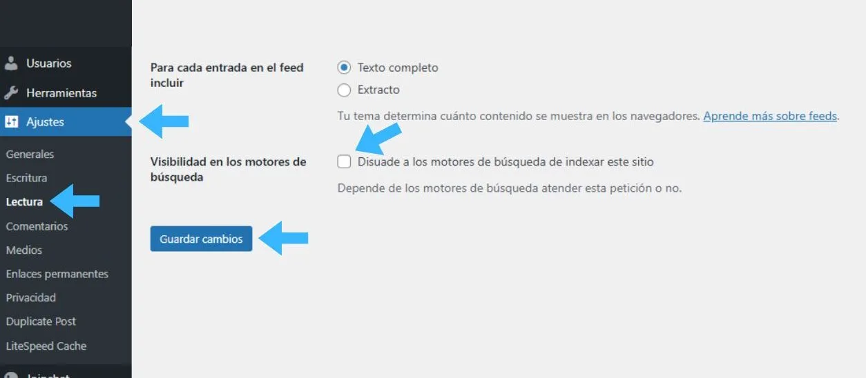 Configuración de privacidad bloqueando la indexación