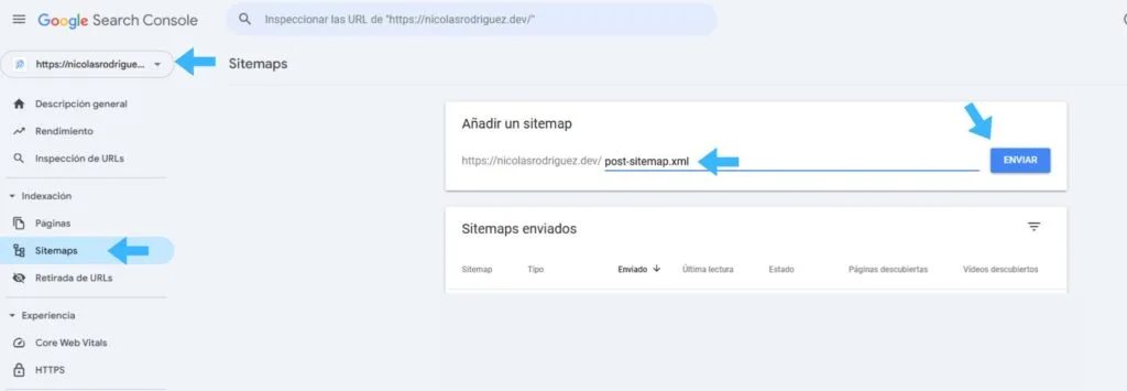 Informe de Sitemaps de Google Search Console con el campo para añadir un sitemap