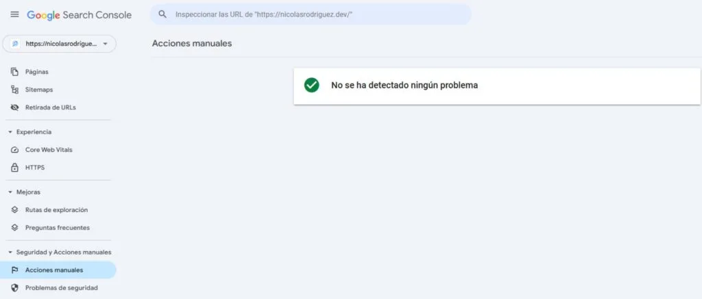 Informe de Acciones manuales de Search Console sin problemas detectados
