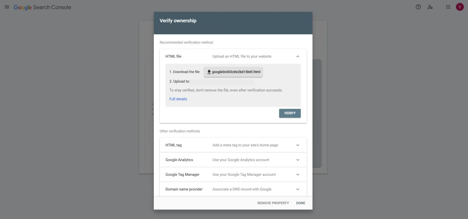 Proceso de verificación de propiedad Search Console